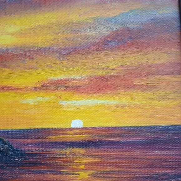 Vintage Oil Painting on Canvas Signed Beach Sunset/Sunrise Tropical Warm Colors